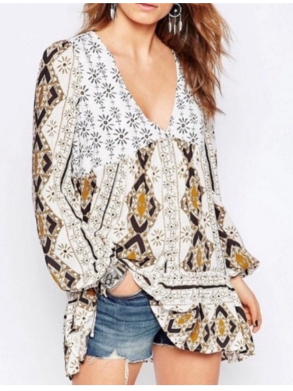 Free People Boho Ivory Combo V-Neck Ruffle trim Long Sleeve Tunic Blouse/ XS/NWT